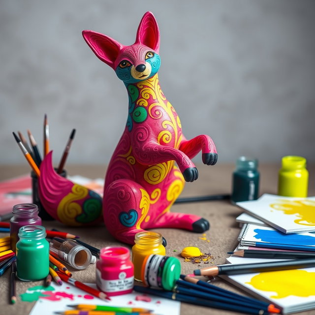 A vibrant neon-colored alebrije fox, sitting on its hind legs with a playful pose