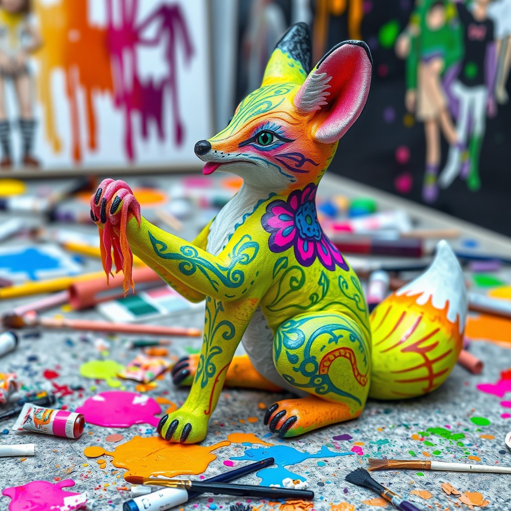 A vibrant neon-colored alebrije fox sitting on its hind legs, licking its paw with remnants of paint