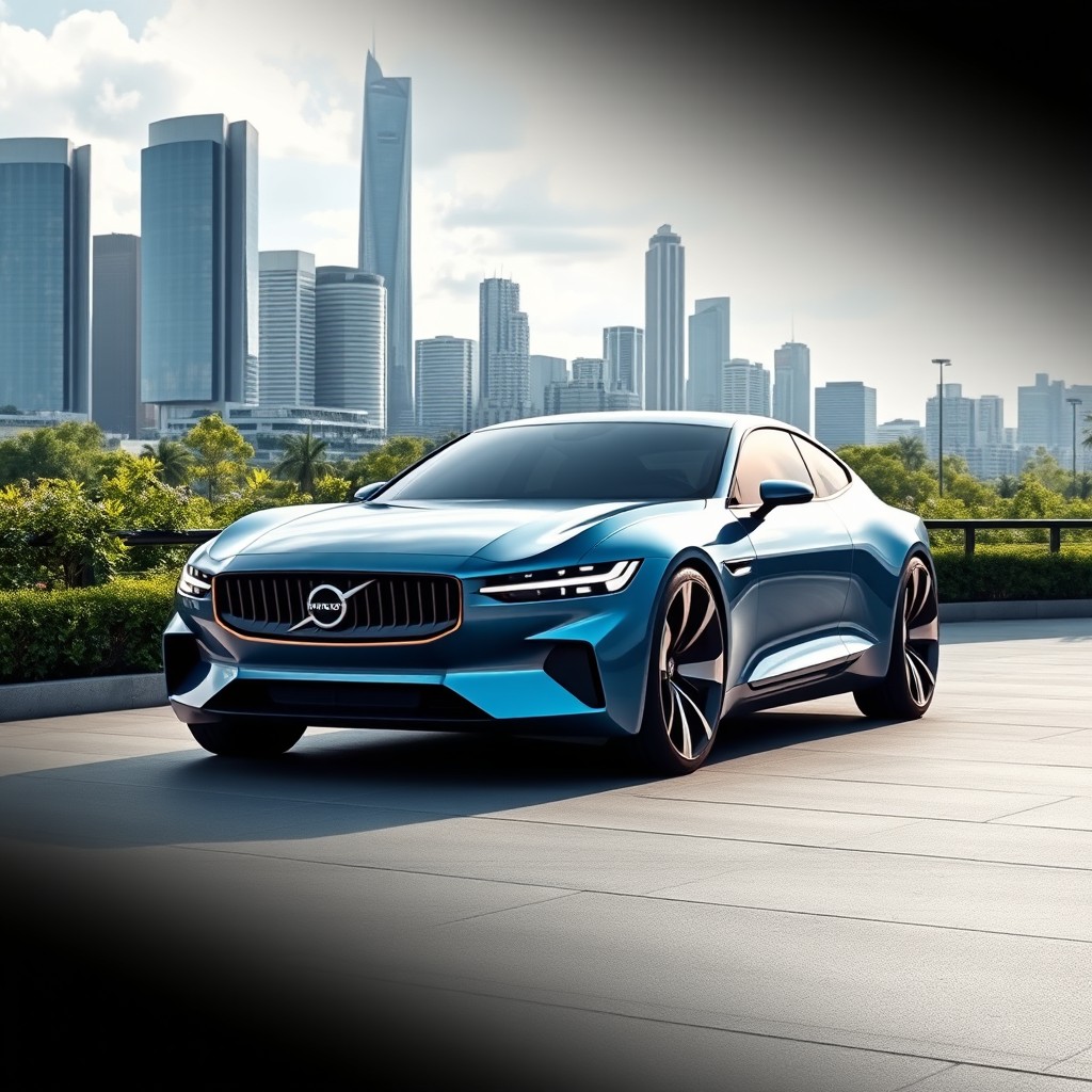 A futuristic Volvo P1800 model from the year 2025, showcasing a sleek and modern design with smooth curves and an aerodynamic silhouette