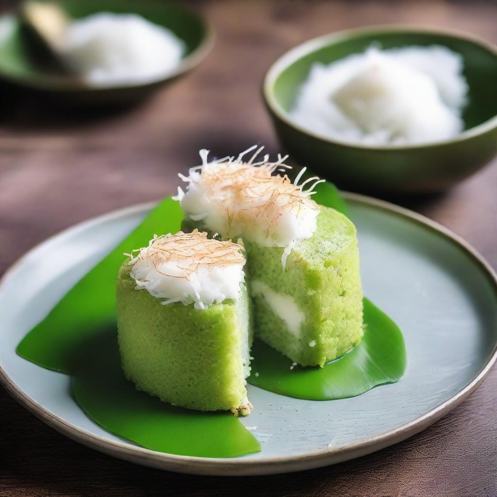 A delectable presentation of Putu Ayu, a traditional Indonesian dessert. The soft, vibrant green coconut cake is topped with grated coconut against a cultural backdrop.