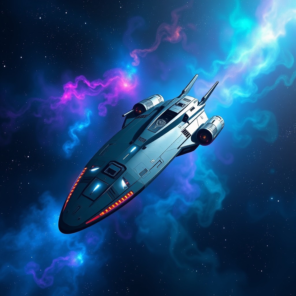 A sleek and modern starship design inspired by the concept of 'Voyager R', presented against a stunning backdrop of deep space