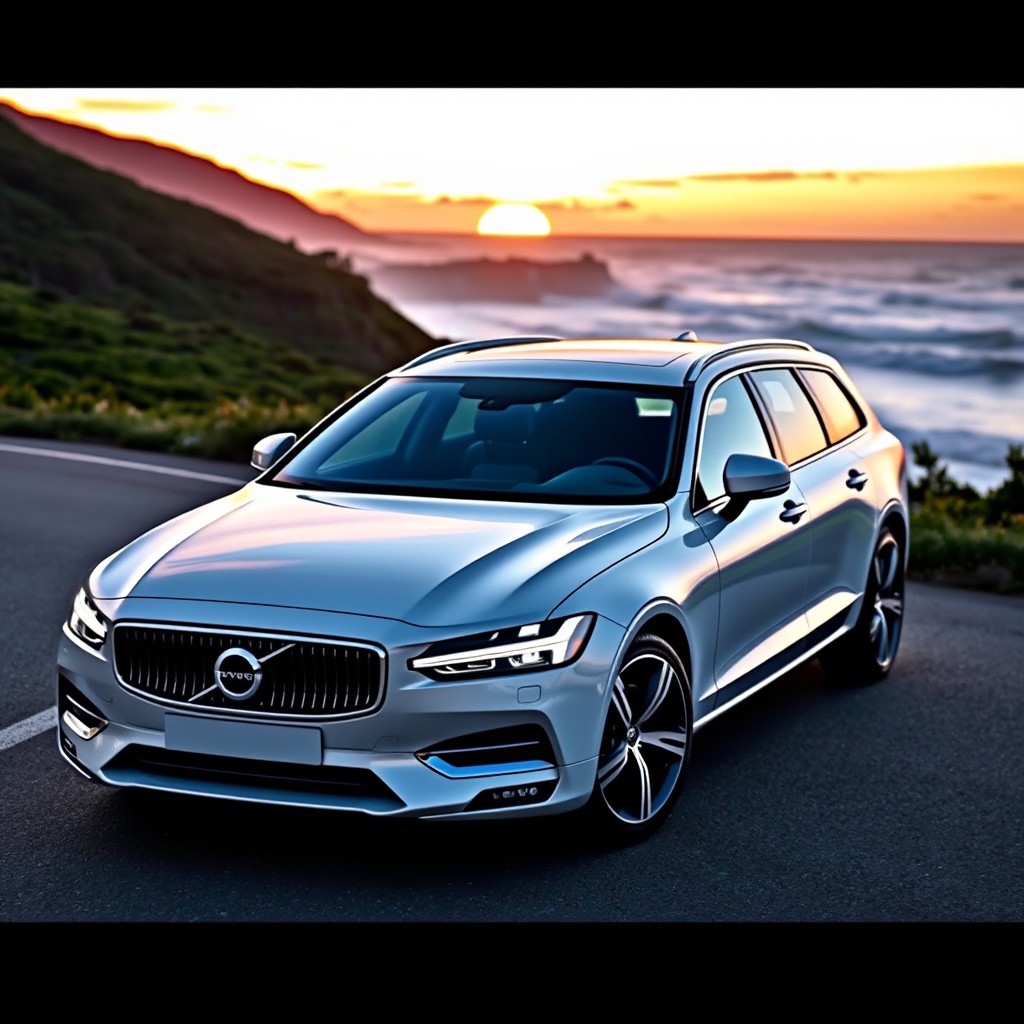 A stylish and luxurious Volvo V90 hatchback parked on a scenic coastal road during sunset