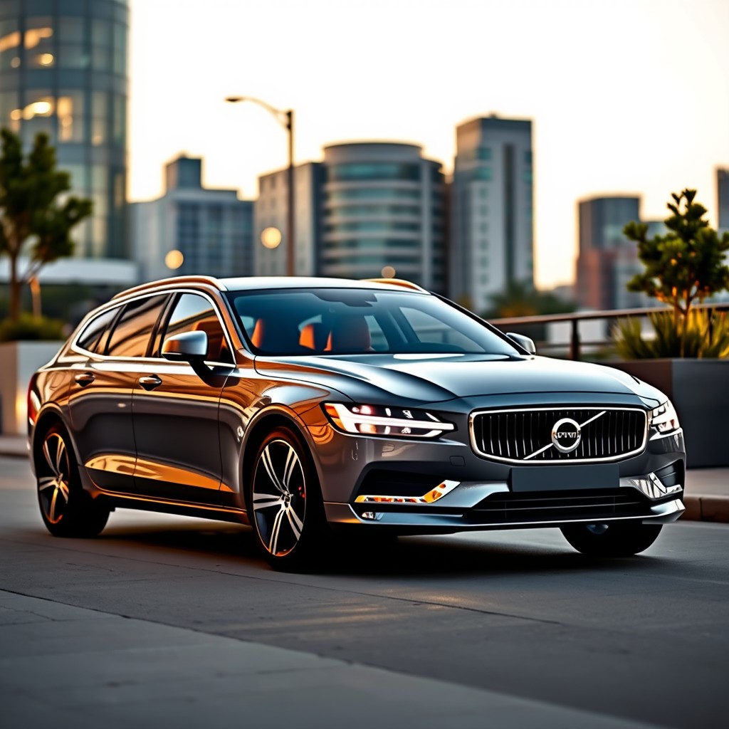 A luxurious Volvo S90 hatchback parked in an urban setting, showcasing its elegant design and sophisticated presence