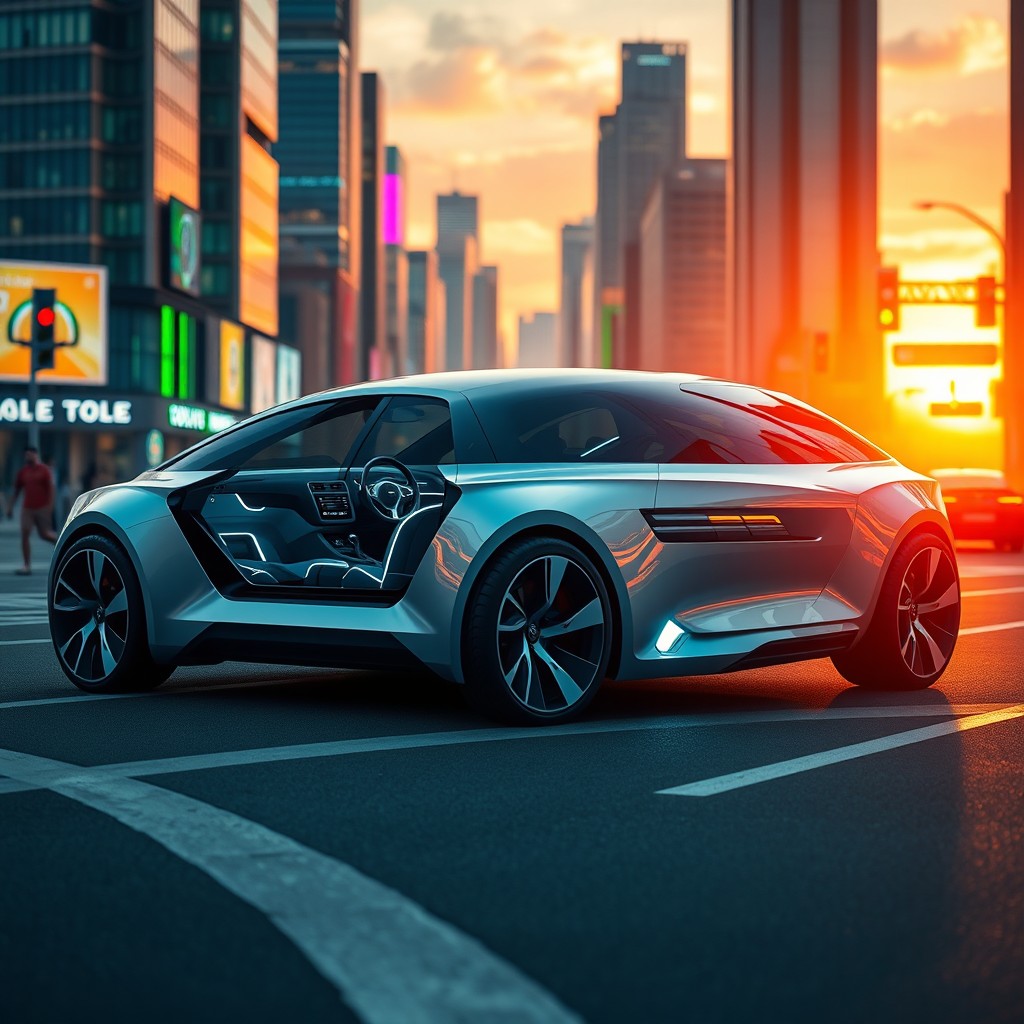 A futuristic Volvo 740 model from the year 2025, showcasing sleek, aerodynamic lines and a modern aesthetic