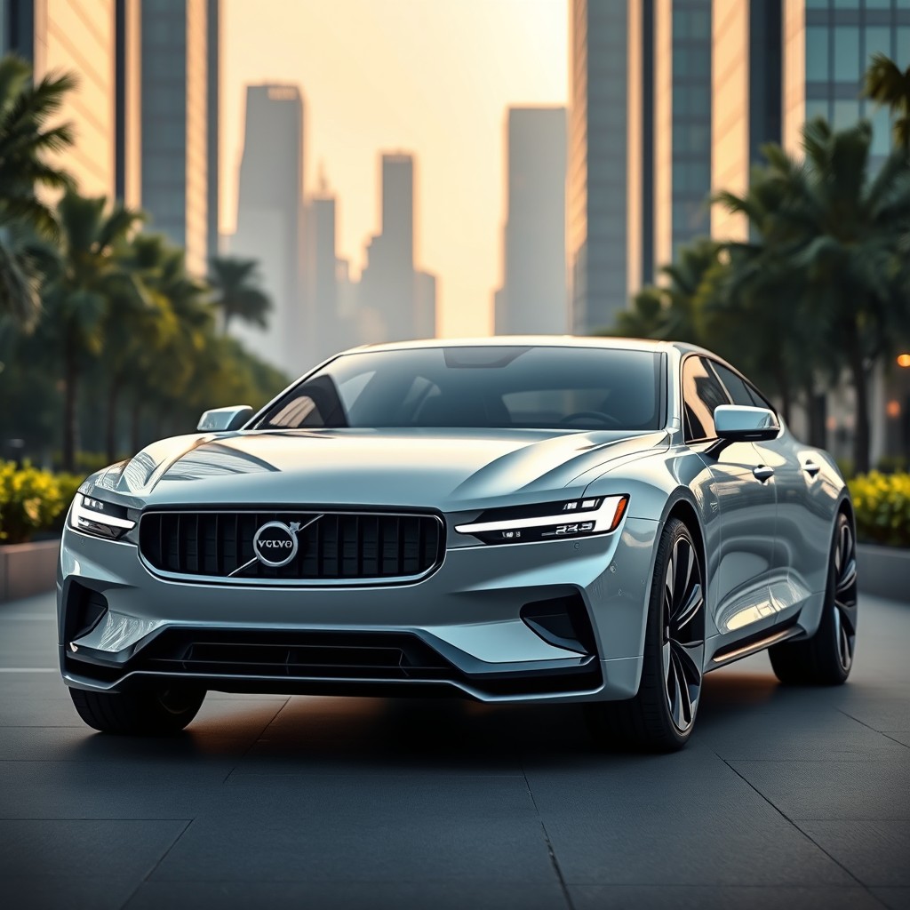 A futuristic Volvo 740 model from the year 2025, designed with sleek, aerodynamic curves and advanced technology