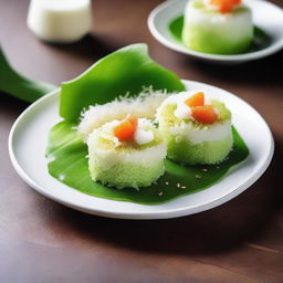 A delectable presentation of Putu Ayu, a traditional Indonesian dessert. The soft, vibrant green coconut cake is topped with grated coconut against a cultural backdrop.