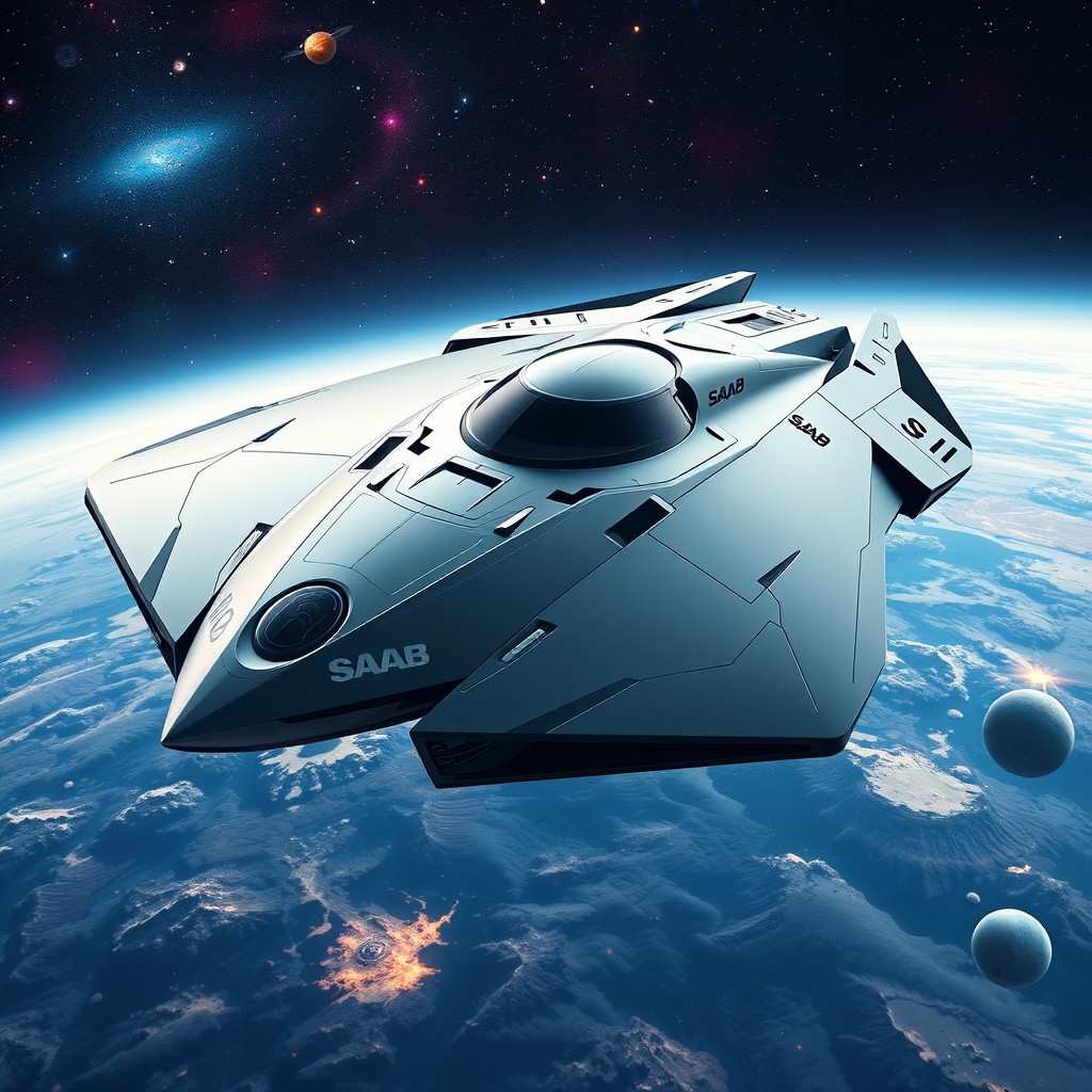 A futuristic starship designed by Saab, featuring sharp angles and a robust, aerodynamic profile inspired by the brand's automotive designs