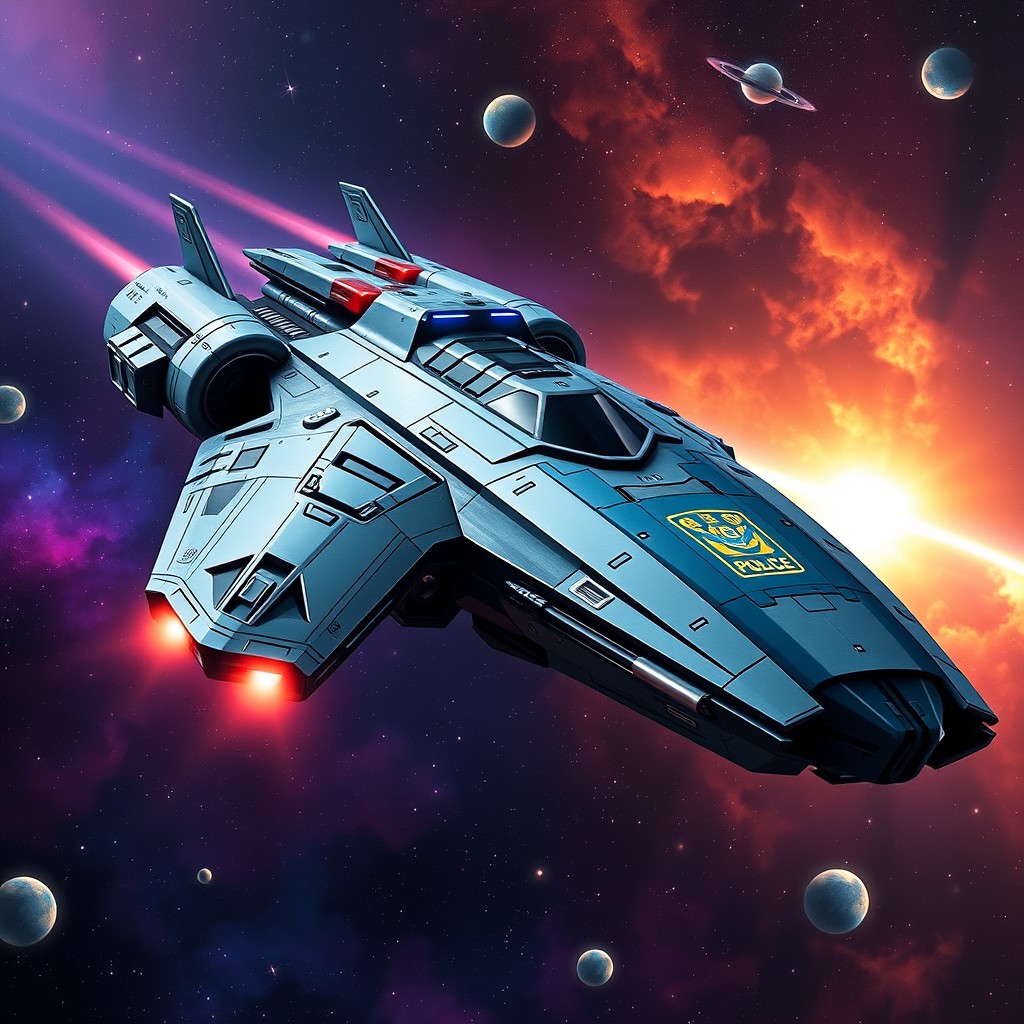 A sleek and imposing police starship, featuring a robust design with sharp angles and reinforced armor plating, emblazoned with a bold police insignia