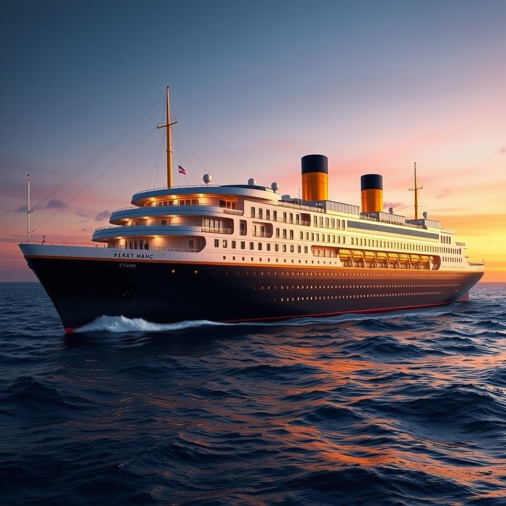 A contemporary reinterpretation of the Titanic, featuring a grand and luxurious cruise liner with sleek lines and modern design elements