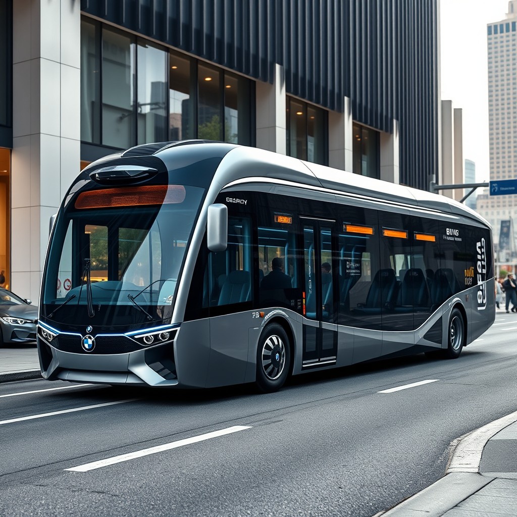 A sleek and futuristic BMW bus, showcasing a modern design with smooth curves and sharp angles, embodying BMW's signature style