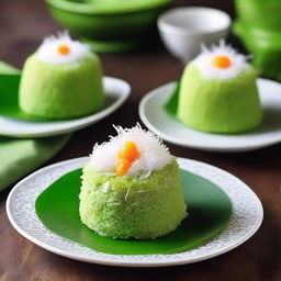 A delectable presentation of Putu Ayu, a traditional Indonesian dessert. The soft, vibrant green coconut cake is topped with grated coconut against a cultural backdrop.