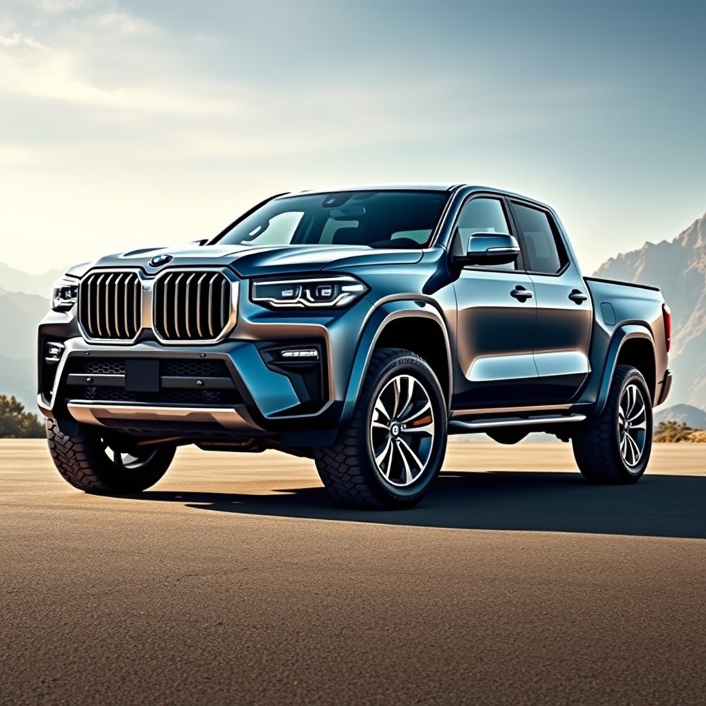 A powerful and modern BMW truck, showcasing a robust design with a bold front grille and sleek contours, emphasizing BMW's luxury and performance heritage