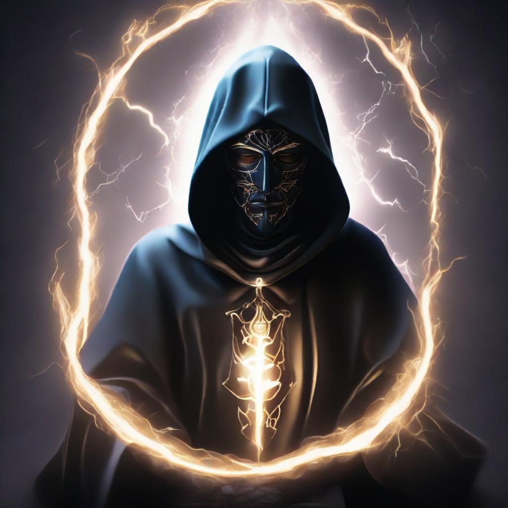 An enigmatic man, his face concealed by a black mask and donned in a knight's robe, is meditating within a striking shield of lightning energy.