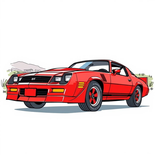 A vibrant red 1981 Camaro illustrated in a stylized drawing