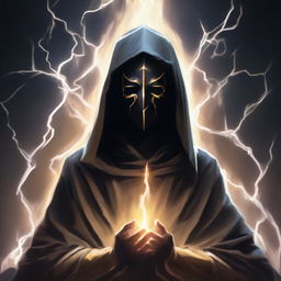 An enigmatic man, his face concealed by a black mask and donned in a knight's robe, is meditating within a striking shield of lightning energy.