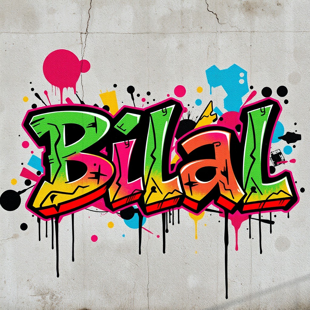 The name 'Bilal' creatively designed in a vibrant graffiti style, bursting with color and artistic flair
