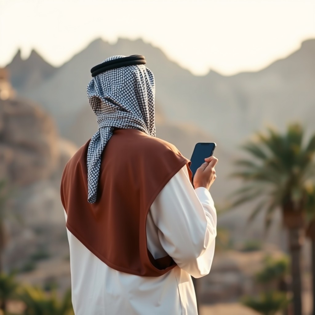 An Omani man in traditional attire, wearing a dishdasha and a kumma, is standing in an outdoor setting while looking at his phone