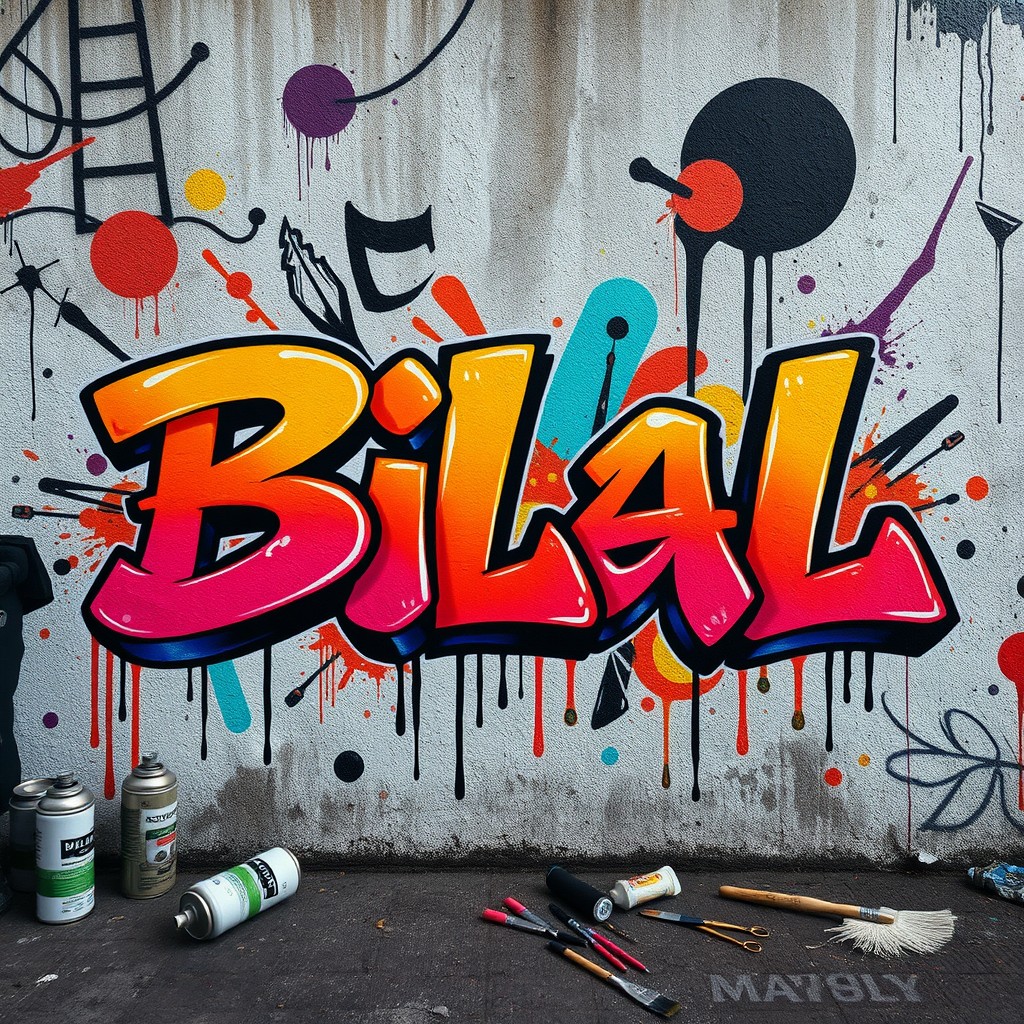 The name 'Bilal' artistically rendered in vibrant graffiti style, featuring dynamic letters with bold outlines, filled with colorful gradients and intricate details like splashes of paint and drips