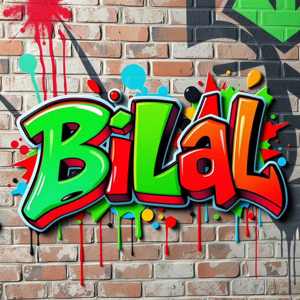 The name 'Bilal' creatively rendered in colorful graffiti style, featuring vibrant colors like red, green, and blue