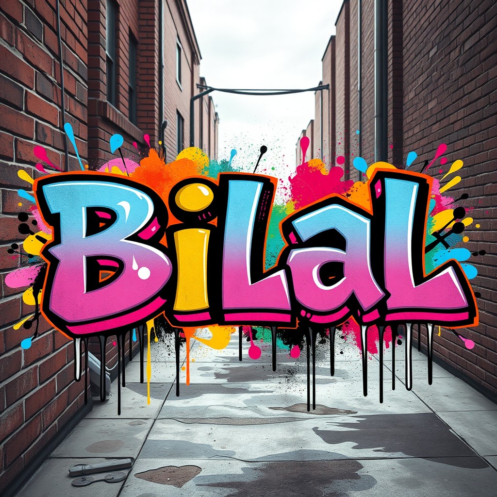 The name 'Bilal' creatively depicted in graffiti style, showcasing vibrant colors and bold lettering