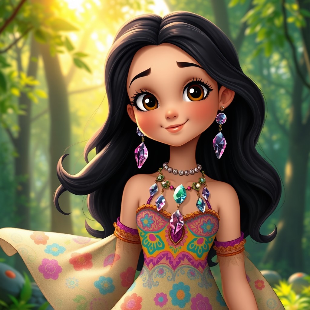 A whimsical and enchanting Disney character with medium dark hair styled in soft waves, wearing a vibrant and colorful hippie dress adorned with intricate patterns