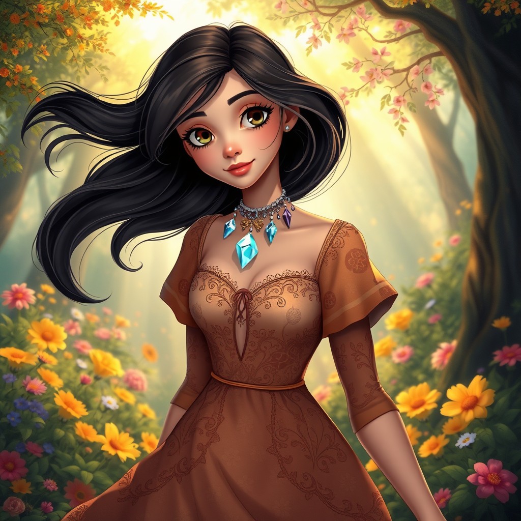 A Disney-inspired girl with medium-length dark hair flowing elegantly, adorned in a beautiful vintage hippie dress with intricate floral patterns