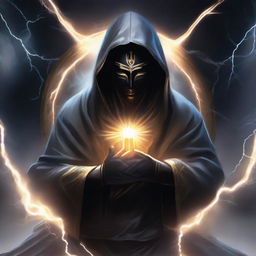 An enigmatic man, his face concealed by a black mask and donned in a knight's robe, is meditating within a striking shield of lightning energy.