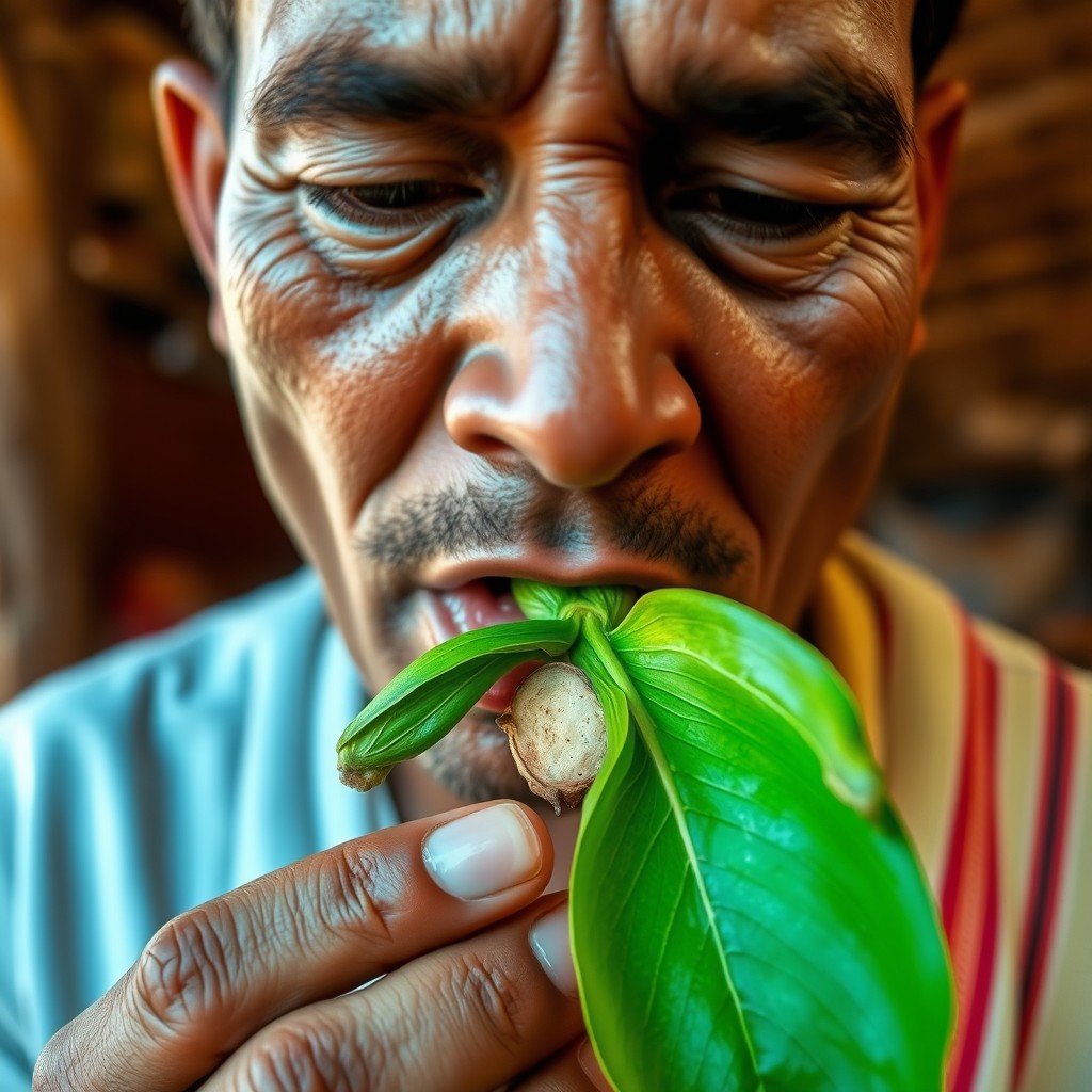 A close-up shot of an adult person chewing areca nut, with the vibrant green of the betel leaf prominently wrapped around the nut