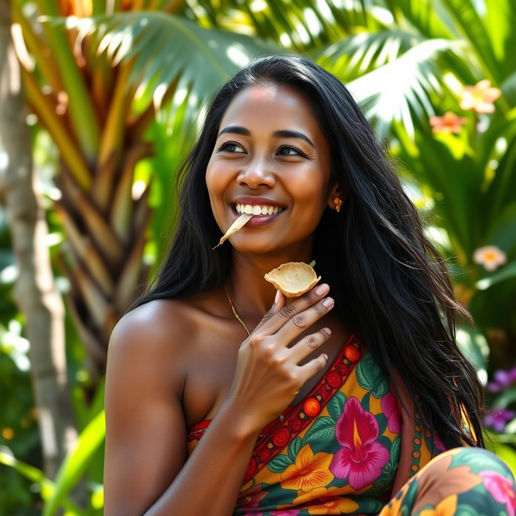 A Melanesian woman, showcasing her vibrant cultural attire and long dark hair, casually sitting in a lush tropical setting