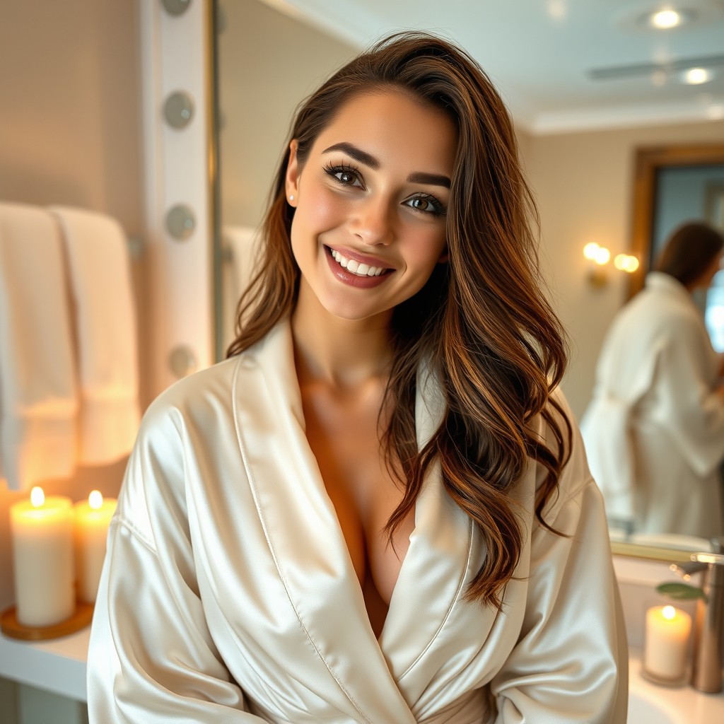 A pretty young woman in a bathroom, wearing an open robe