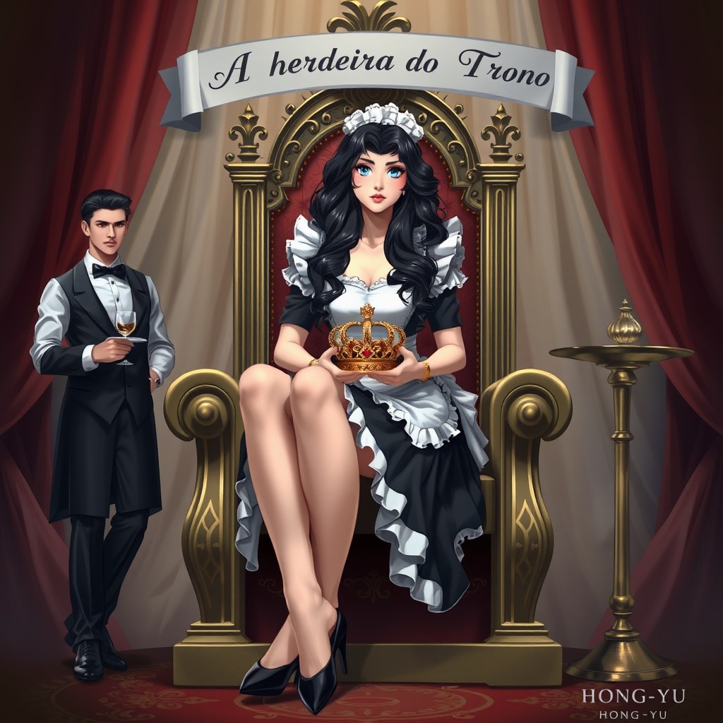 A stunning woman in a maid outfit sitting regally on a throne, holding a crown in her hands