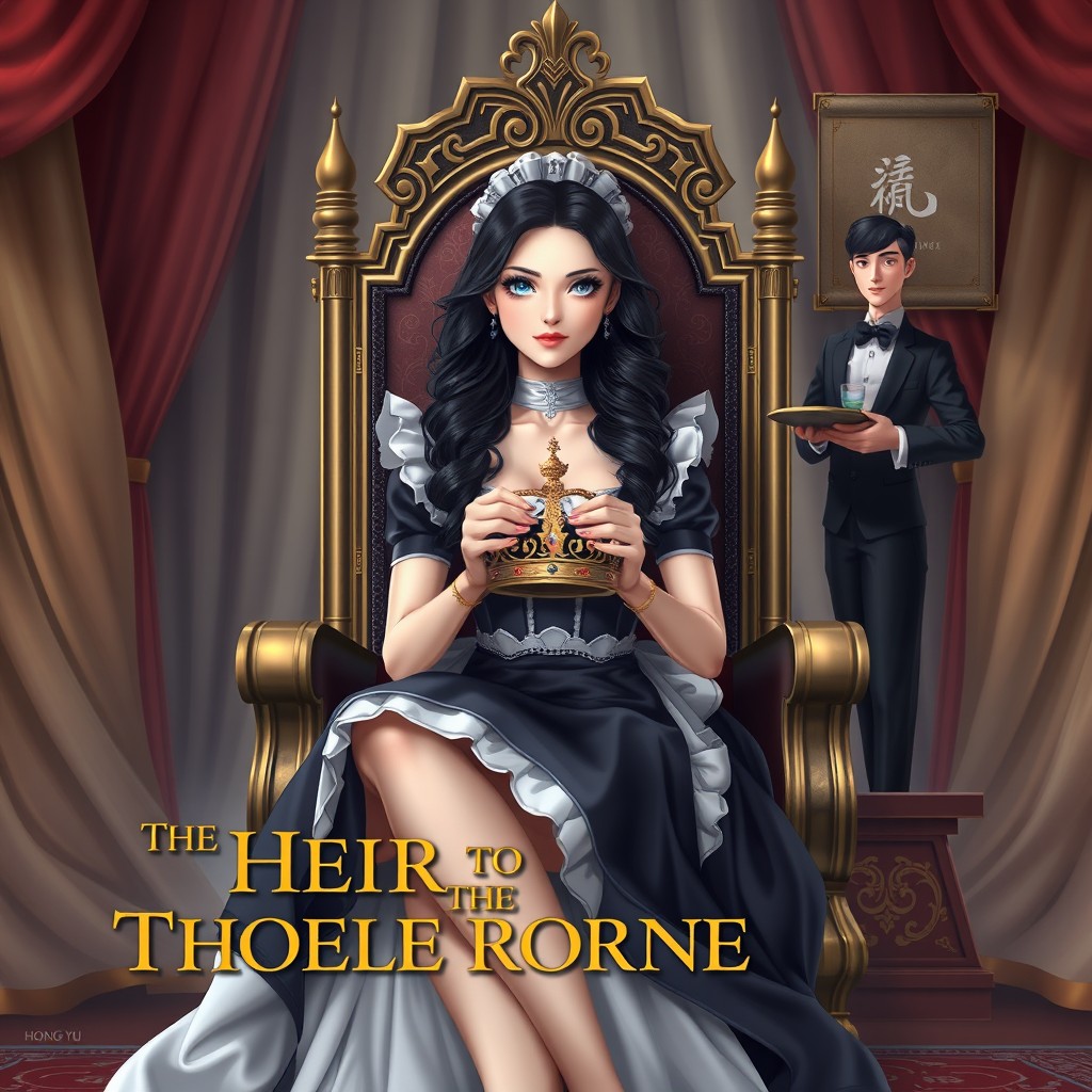 A beautiful woman dressed as a maid sitting elegantly on a throne, holding a crown in her hands, with her legs crossed