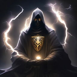 An enigmatic man, his face concealed by a black mask and donned in a knight's robe, is meditating within a striking shield of lightning energy.