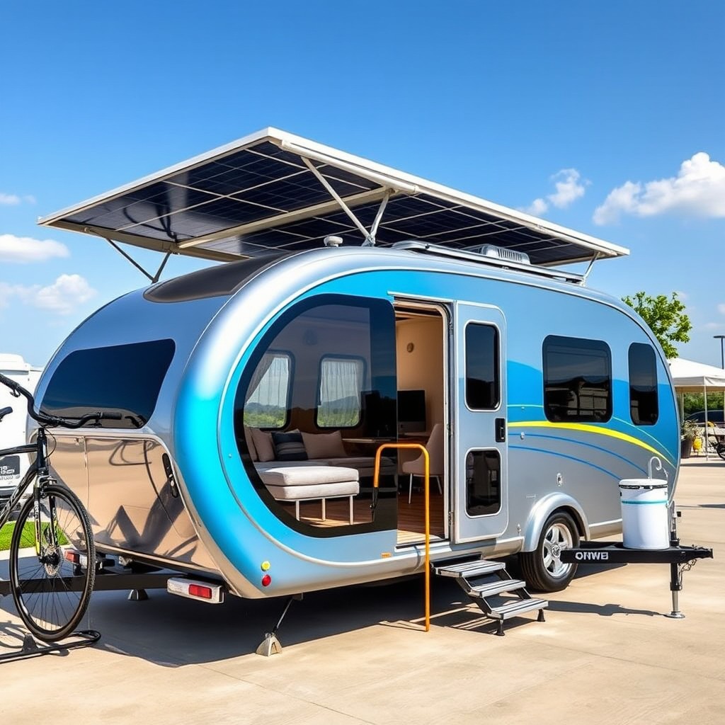 A custom-designed trailer showcasing a sleek and modern aesthetic with aerodynamic curves, featuring a vibrant color scheme that combines bright blue and metallic silver