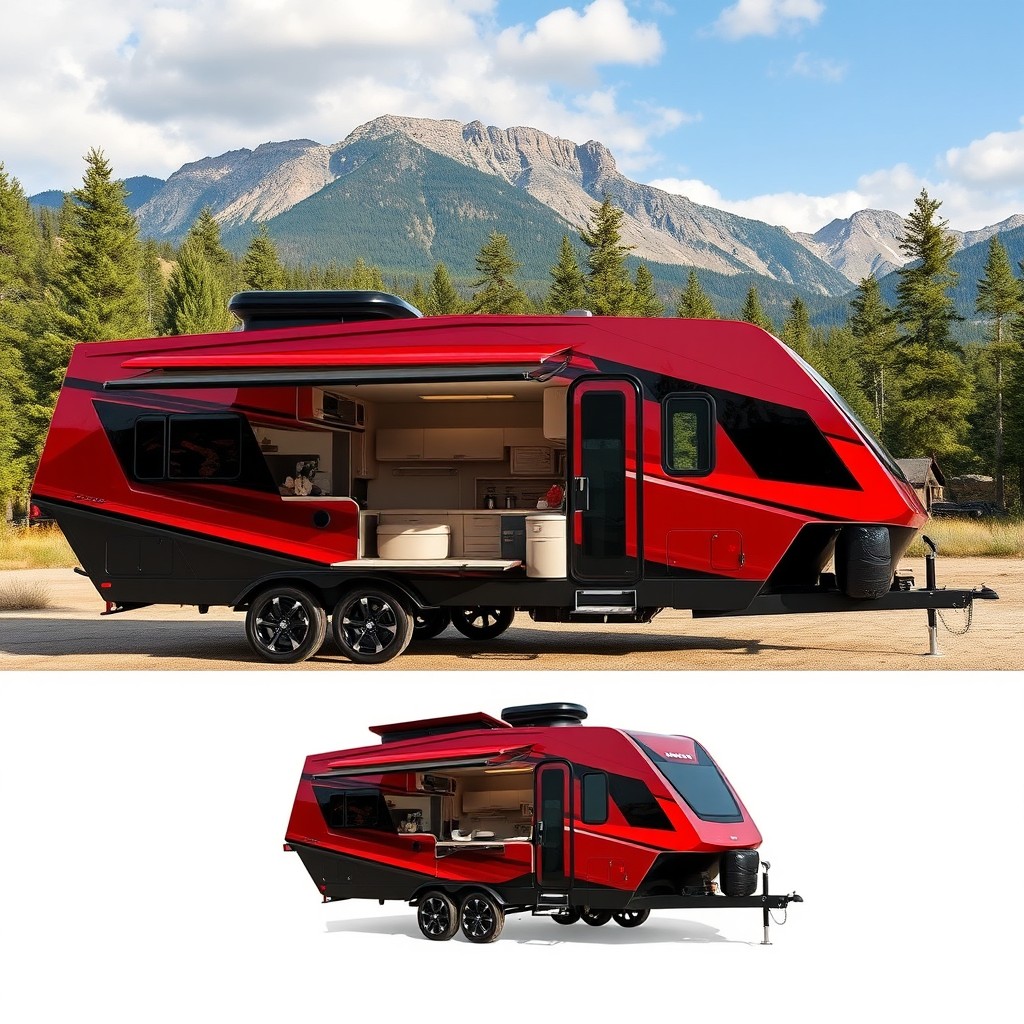 A custom-designed trailer featuring a stylish and contemporary look with sharp angles and a glossy finish