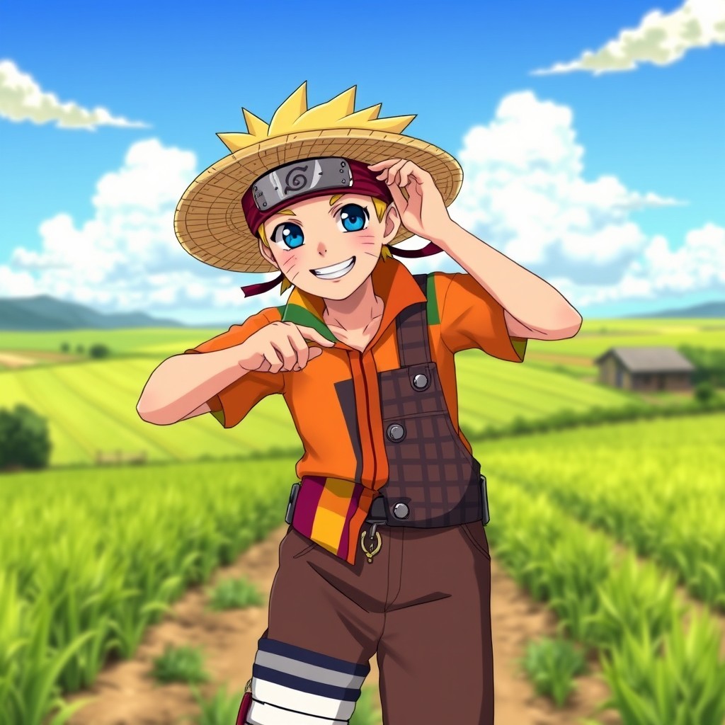 Naruto Uzumaki dressed in traditional Brazilian caipira clothing, showcasing vibrant colors and patterns