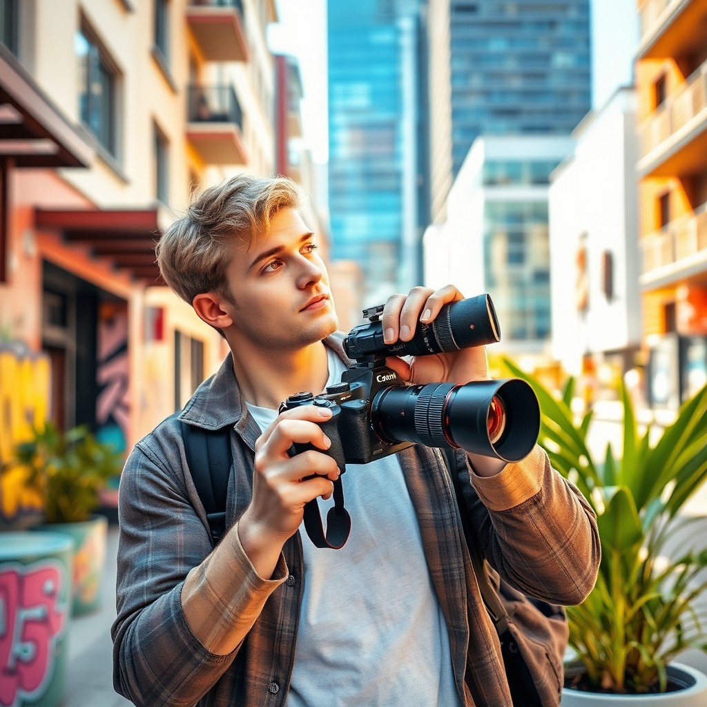 A handsome man with blonde hair holding a professional camera, standing in a vibrant urban setting, dressed in a casual yet stylish outfit