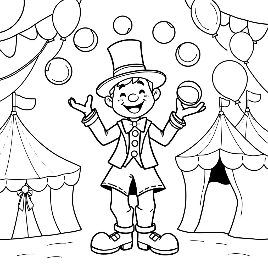 A playful and whimsical black and white illustration of a juggler in a circus setting, surrounded by colorful circus elements like tents and balloons