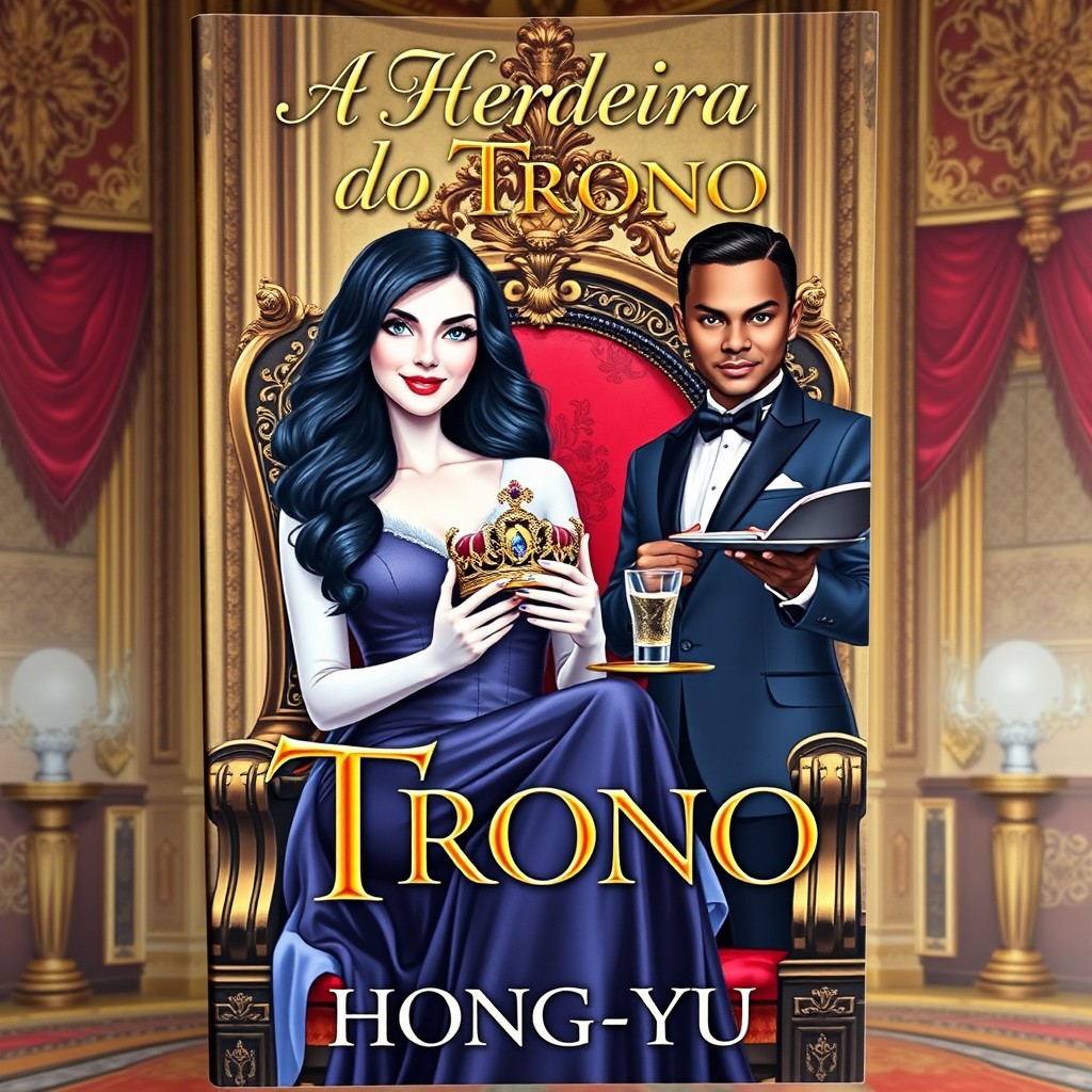 A book cover featuring a confident white woman with wavy black hair, smiling while seated on an ornate throne with her legs crossed