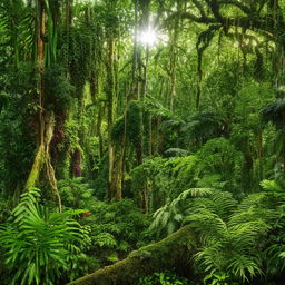 A lush, vivid jungle teeming with diverse and colorful vegetation under dappled sunlight