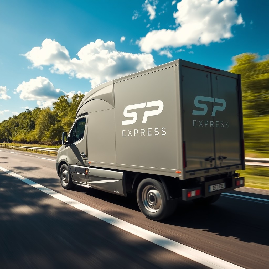 A sleek and modern delivery truck adorned with the logo 'SPX EXPRESS', speeding down a bright highway surrounded by lush greenery