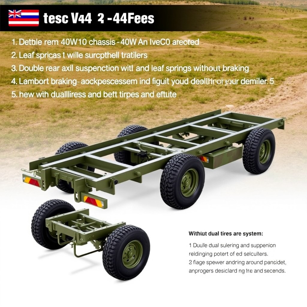 A military trailer designed using an Iveco 40W10 chassis, featuring a double rear axle suspension system with leaf springs and a robust braking system