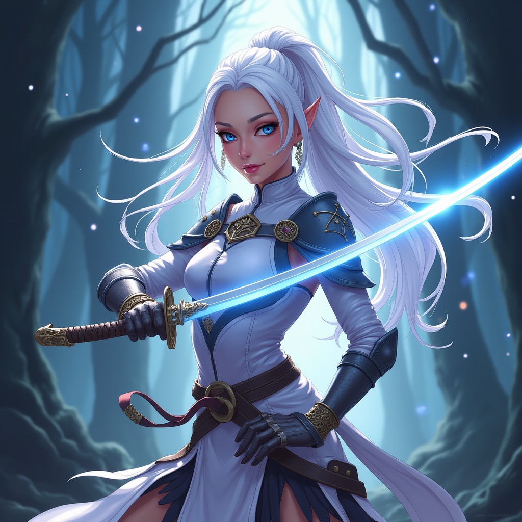 A striking female half-elf swordswoman character from Dungeons & Dragons, illustrated in a vibrant anime style