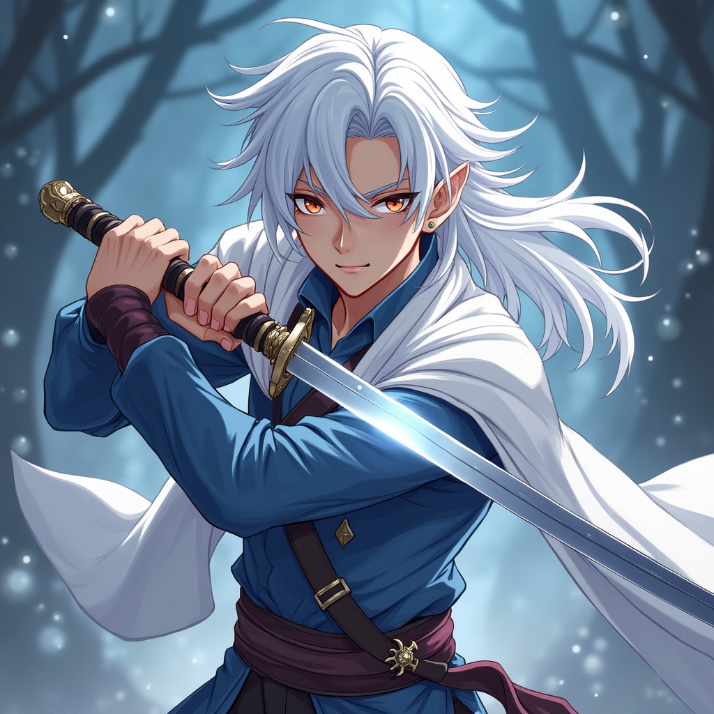A striking male half-elf swordsman character from Dungeons & Dragons, illustrated in a stunning anime style