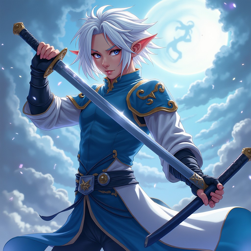 A striking male half-elf espadachim character from Dungeons & Dragons, illustrated in a vibrant anime style