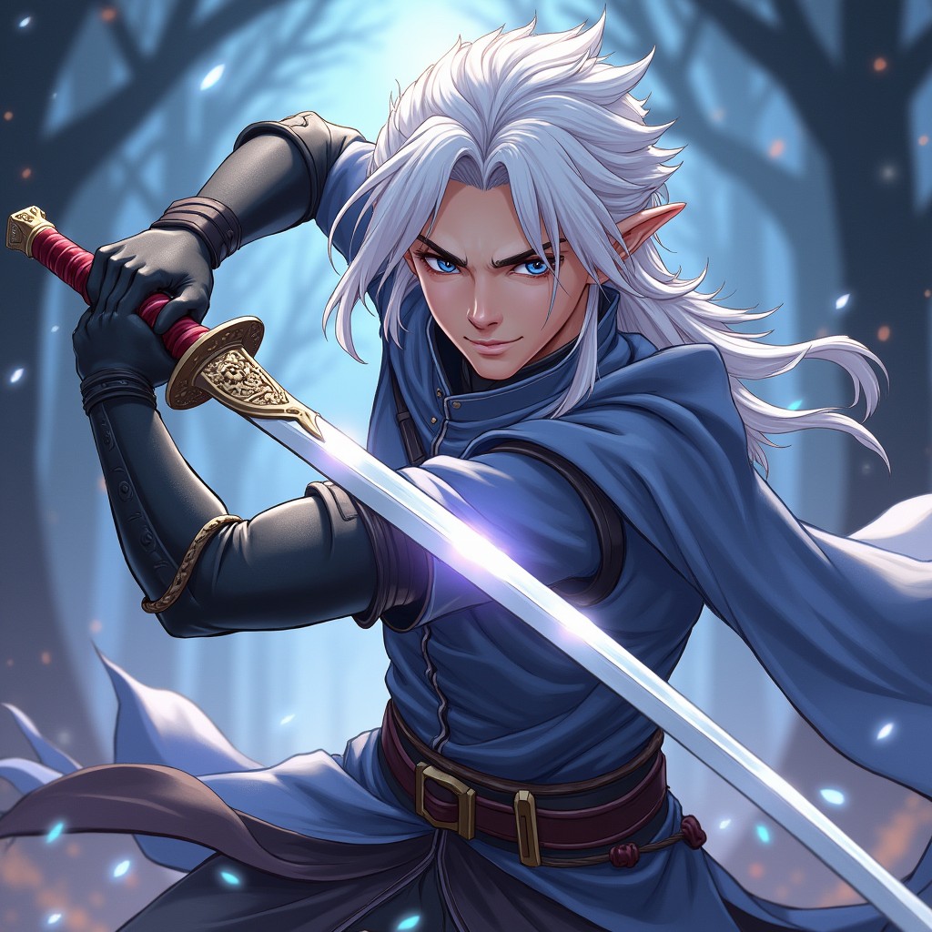 An impressive male half-elf swordsman character from Dungeons & Dragons, illustrated in a vibrant anime style
