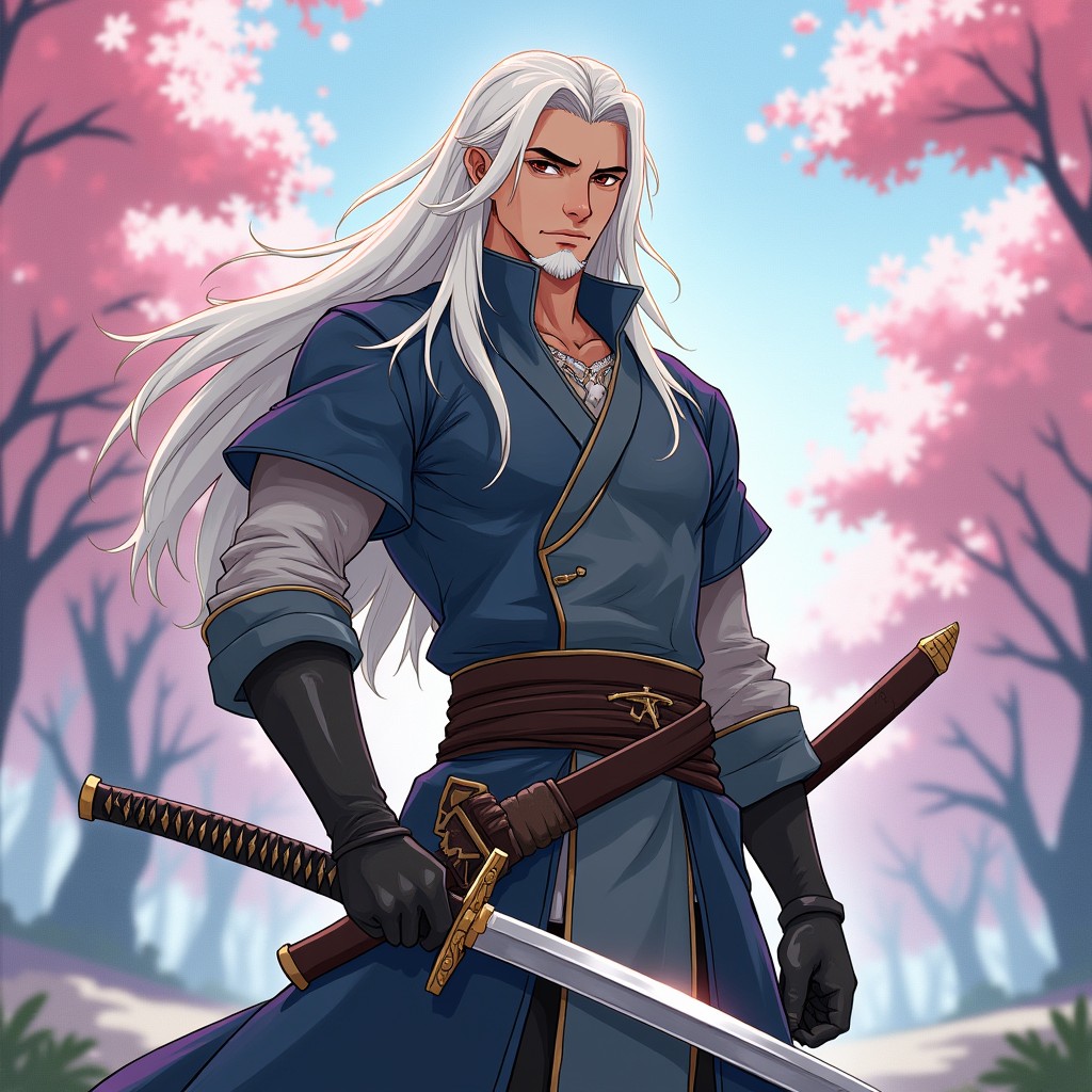 A striking male half-elf swordsman character from Dungeons & Dragons, illustrated in a captivating anime style