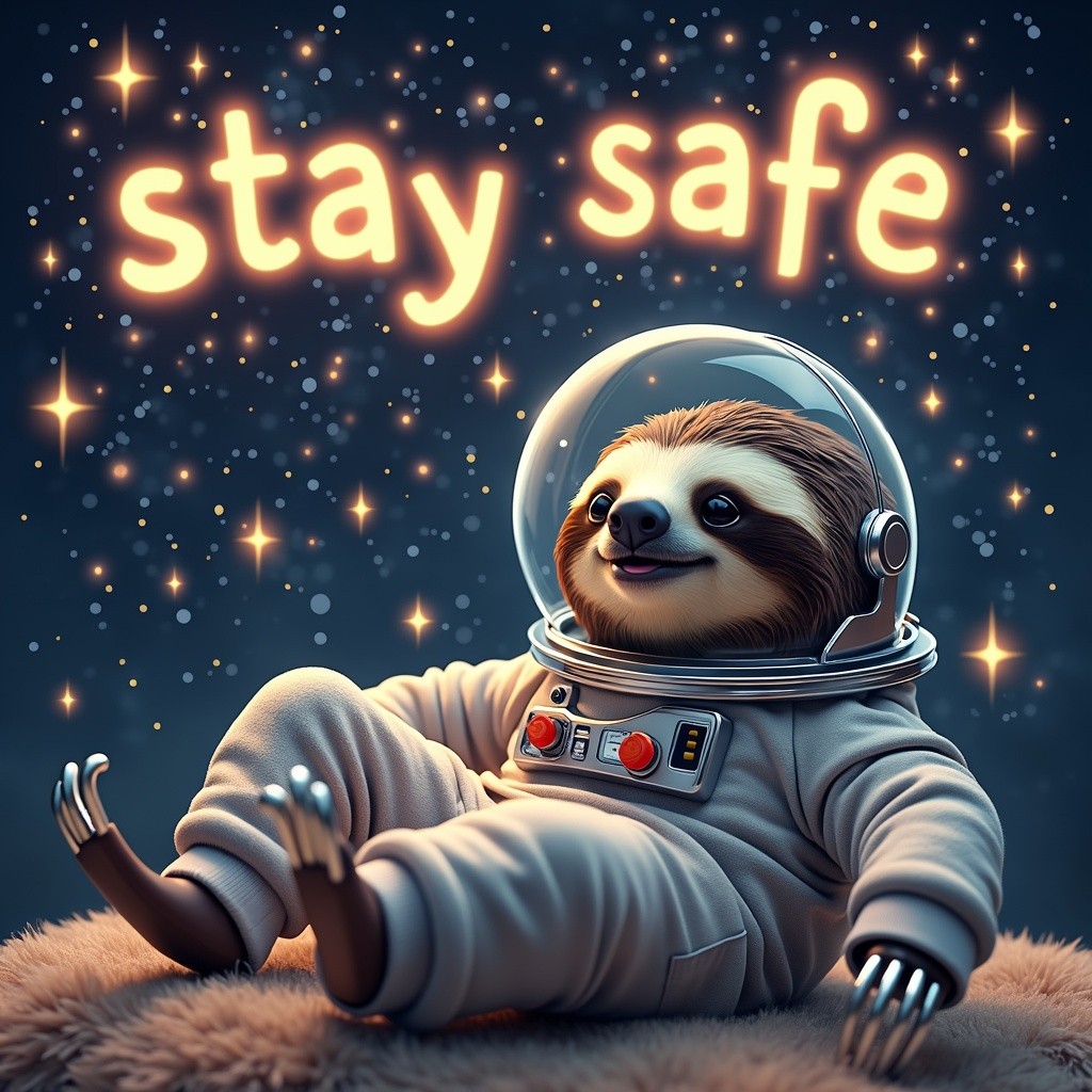 A whimsical scene featuring a sloth wearing a shiny astronaut helmet and cozy human sweat pants, looking relaxed and content