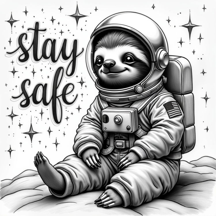 A detailed pencil sketch drawing of a whimsical scene featuring a sloth wearing a shiny astronaut helmet and cozy human sweat pants