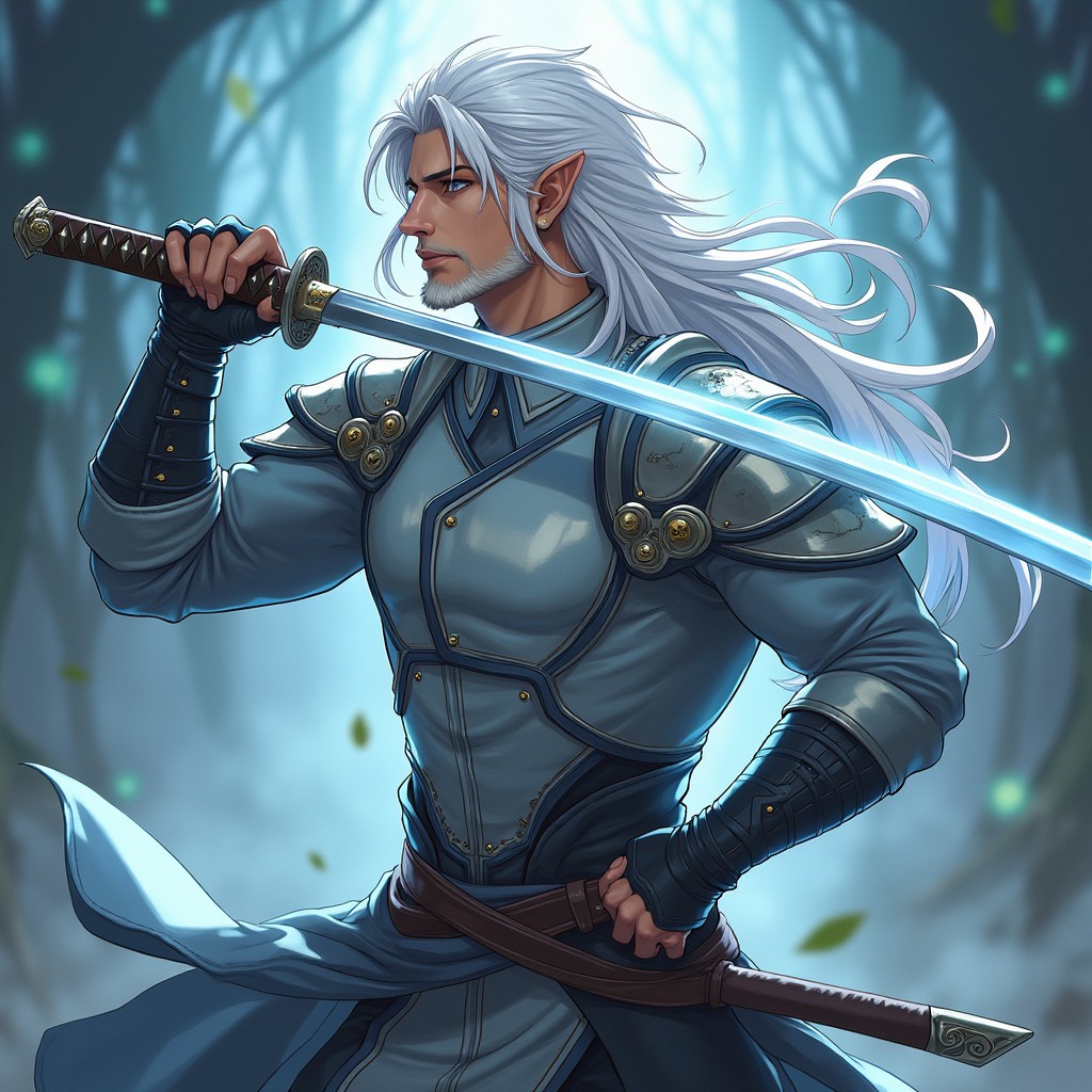 A captivating male half-elf swordsman character from Dungeons & Dragons, depicted in a vibrant anime style
